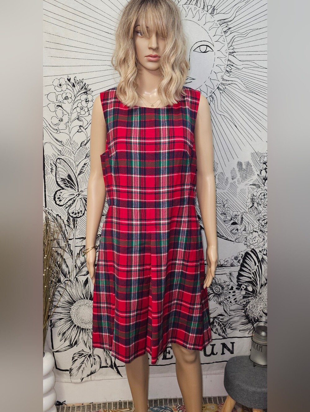 NWT Vineyard Vines Red & Green Plaid Sleeveless Pleated Midi Dress Sz 14